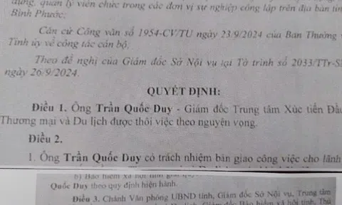 Giám đốc Trung tâm Xúc tiến đầu tư, thương mại và du lịch tỉnh Bình Phước được cho thôi việc