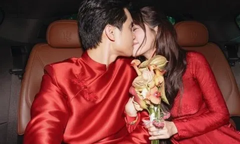 Á hậu Quỳnh Châu hôn chồng chủ tịch đắm say trong lễ vu quy
