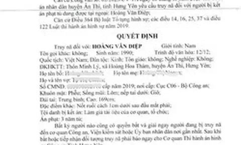 Quyết định truy nã Hoàng Văn Điệp SN 1990